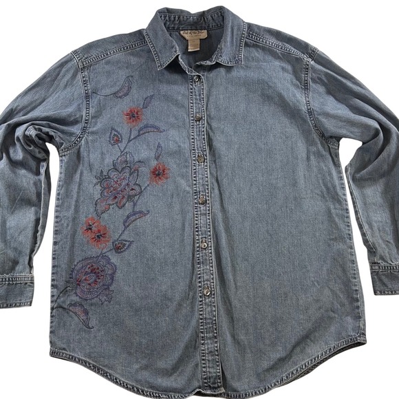 J. Jill Tops - Out of the Blue J Jill Denim Oversized‎ Shirt Womens XS Floral Embroidered Boho